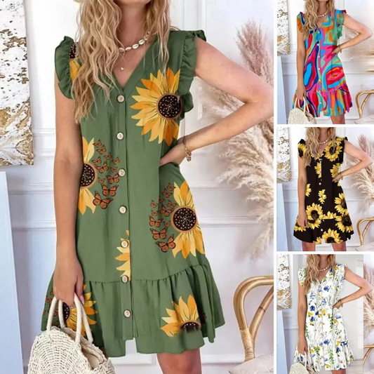 🌻🌼🌸Damska mini sukienka bez rękawów z dekoltem V i guzikami z przodu