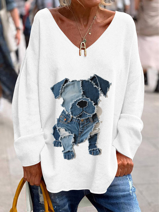Femeii Retro V-Gât Animal imprima Casual Manea lung T-shirt