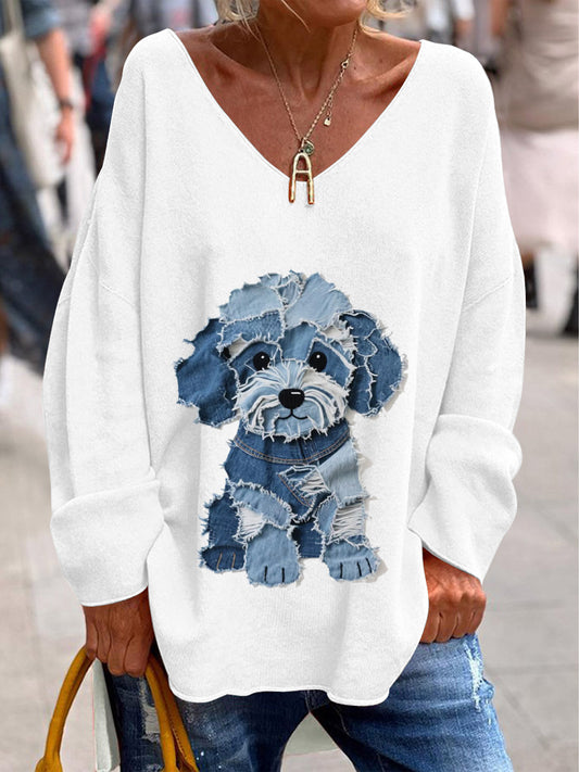 Femeii Retro V-Gât Animal imprima Casual Manea lung T-shirt