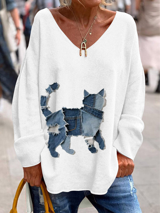 Femeii Retro V-Gât Animal imprima Casual Manea lung T-shirt