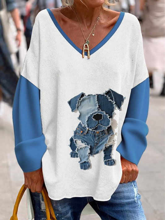 Femeii Retro V-Gât Animal imprima Casual Manea lung T-shirt