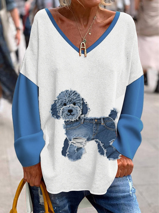 Femeii Retro V-Gât Animal imprima Casual Manea lung T-shirt