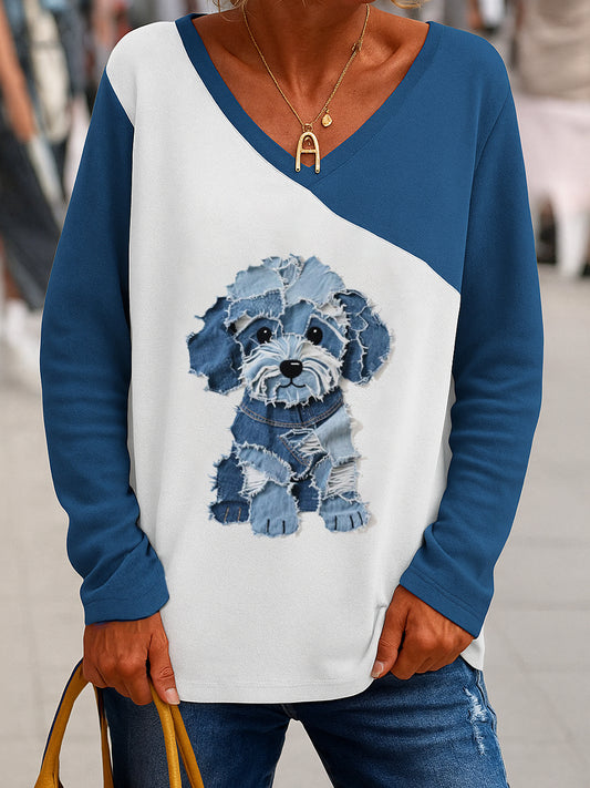 Femeii Retro V-Gât Animal imprima Casual Manea lung T-shirt